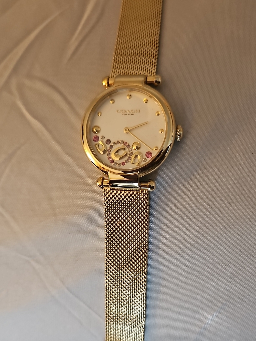 Coach Gold-Tone Mesh Bracelet Watch with Crystal Accents